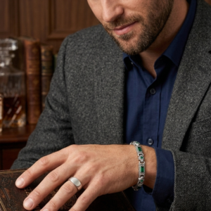 Alternative view of Silver Emerald Zircon Carved Bar & Rhombus Bracelet