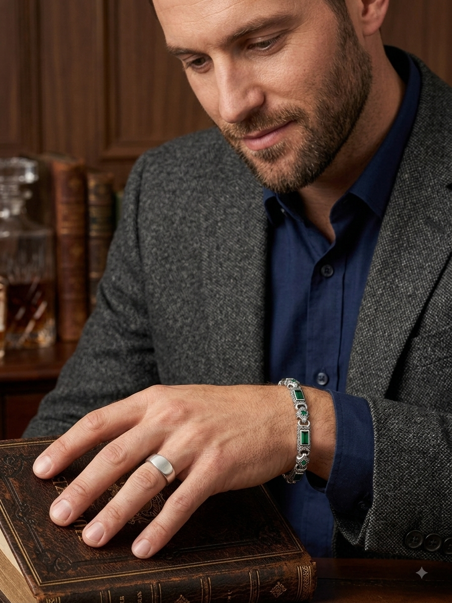 Silver Emerald Zircon Carved Bar & Rhombus Bracelet - Image 2