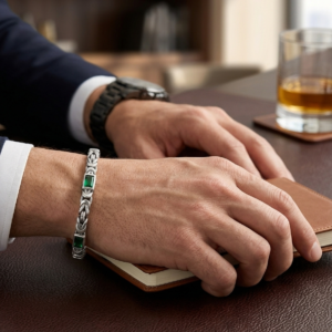 Alternative view of Silver Emerald Green Zircon Byzantine Link Bracelet