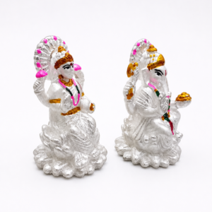 Alternative view of Silver Laxmi Ganesh Murti with Hand-Painted Details | Silveria