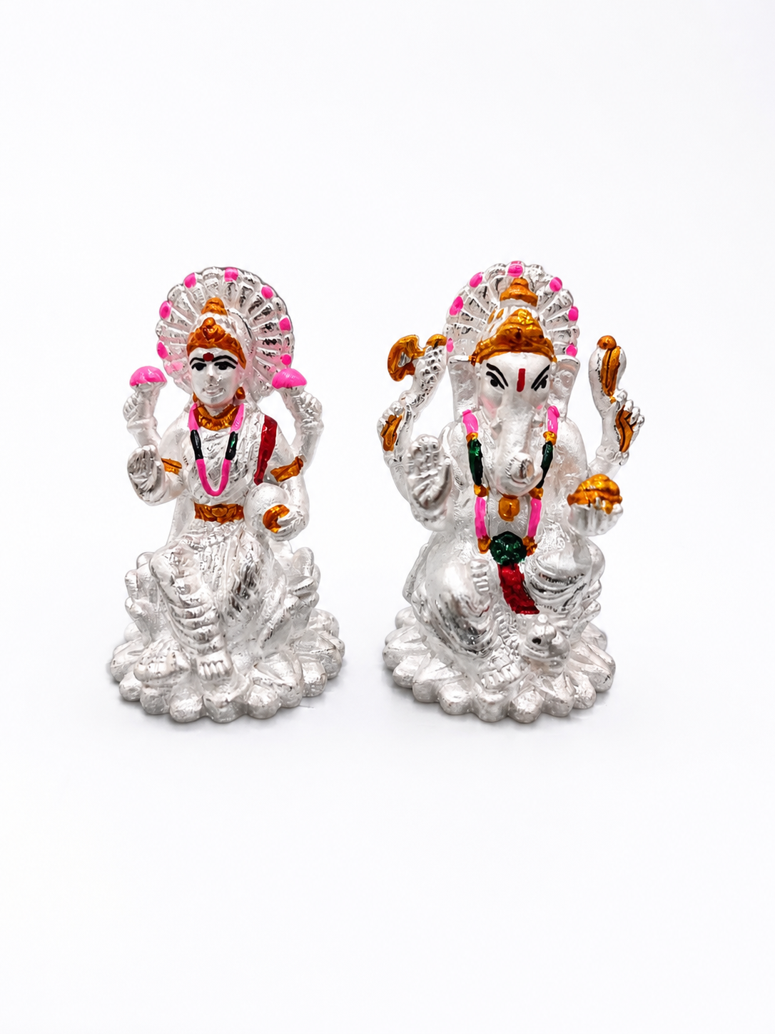 Silver Laxmi Ganesh Murti with Hand-Painted Details | Silveria
