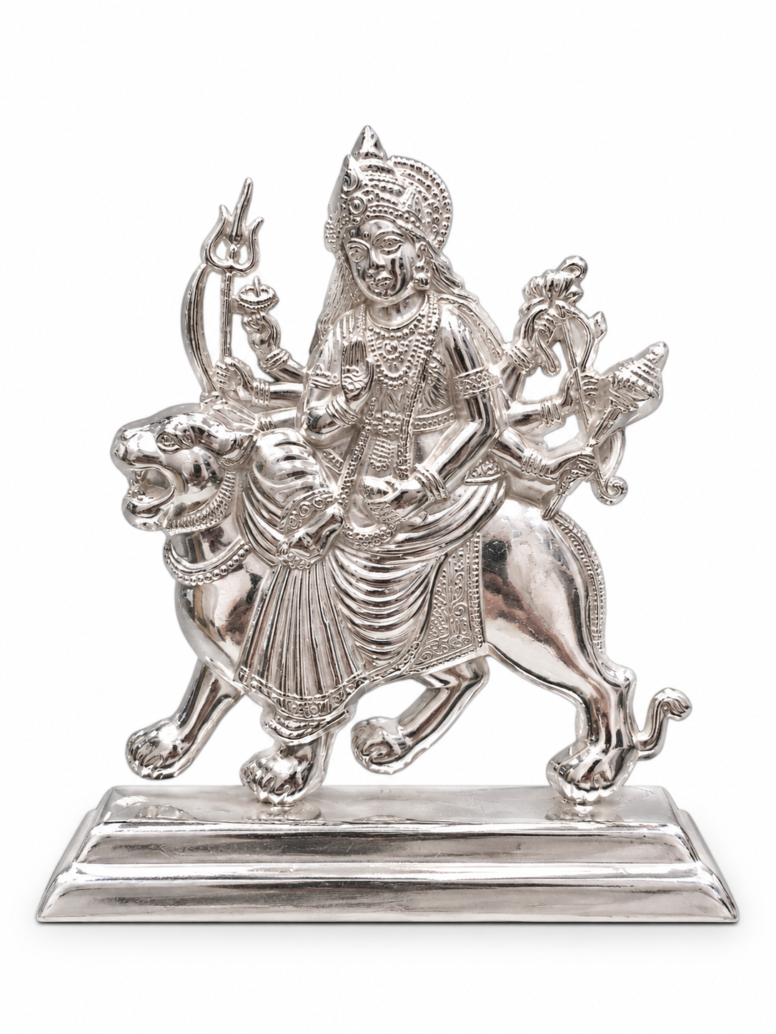 Premium 925 Pure Silver Goddess Durga (Sherawali Mata) Idol on Polished Base