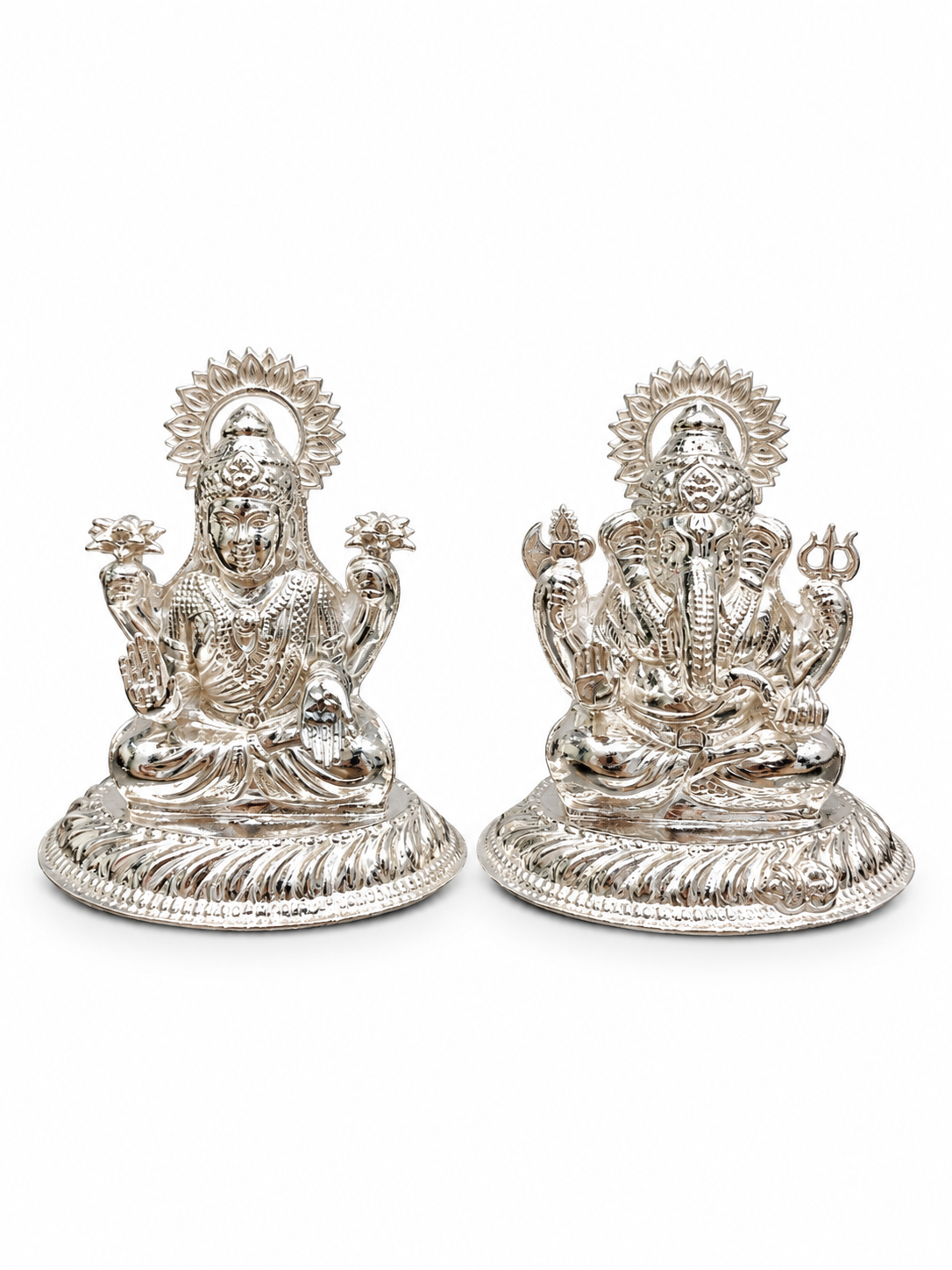 Premium 925 Pure Silver Lakshmi Ganesha Idol Set on Individual Round Pedestals Medium Size