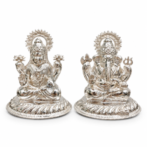 925 Pure Silver 3D Lakshmi Ganesha Idol Set on Individual Round Pedestals