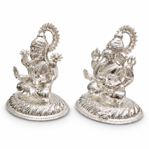 Alternative view of Premium 925 Pure Silver Lakshmi Ganesha Idol Set on Individual Round Pedestals Medium Size