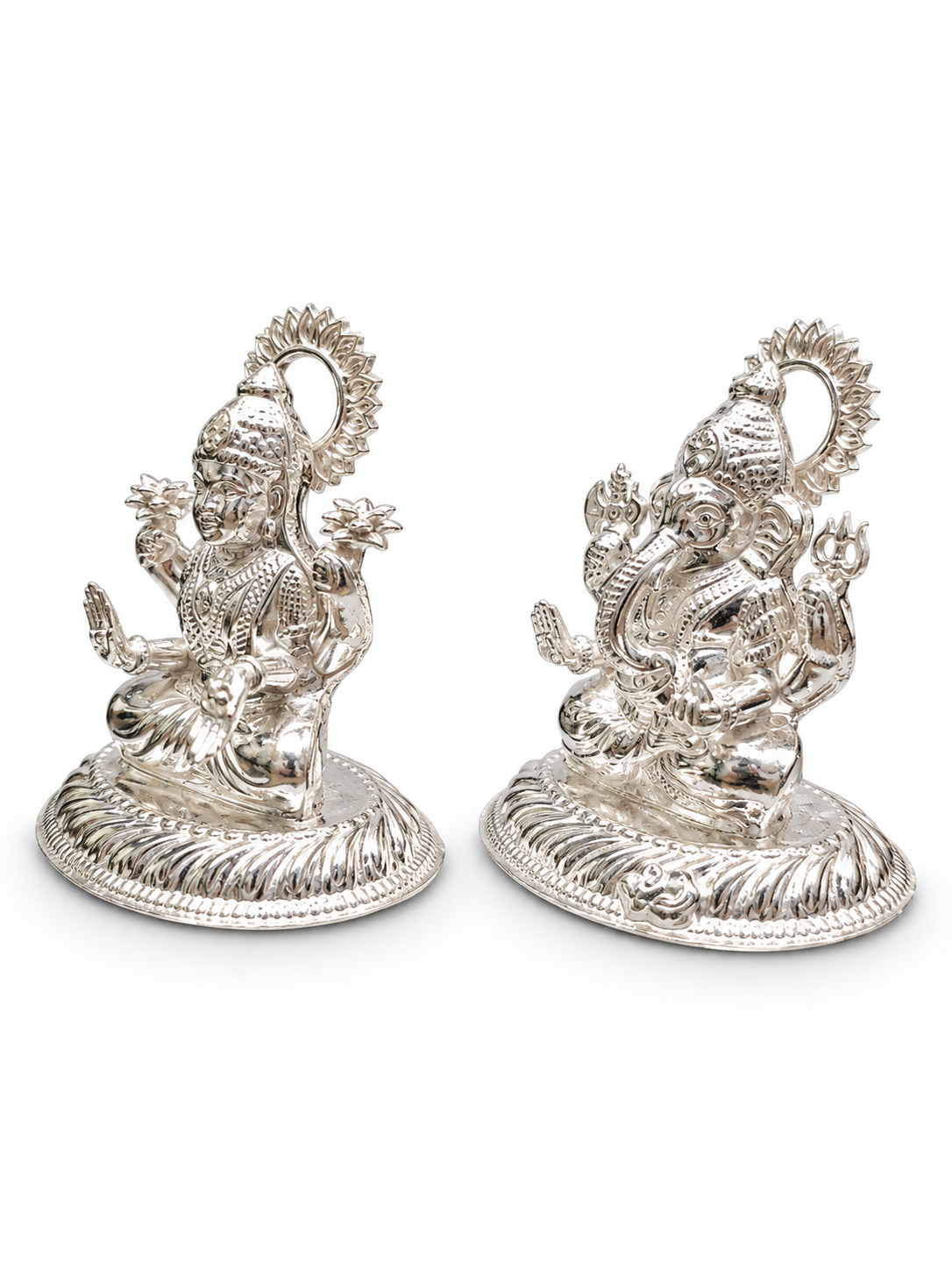 Premium 925 Pure Silver Lakshmi Ganesha Idol Set on Individual Round Pedestals Medium Size - Image 2