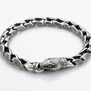 Silver Snake Head Curb Link Oxidized Bracelet
