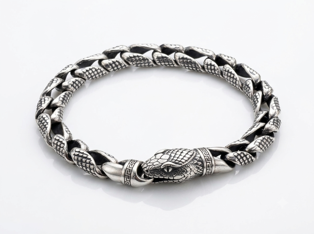 Silver Snake Head Curb Link Oxidized Bracelet
