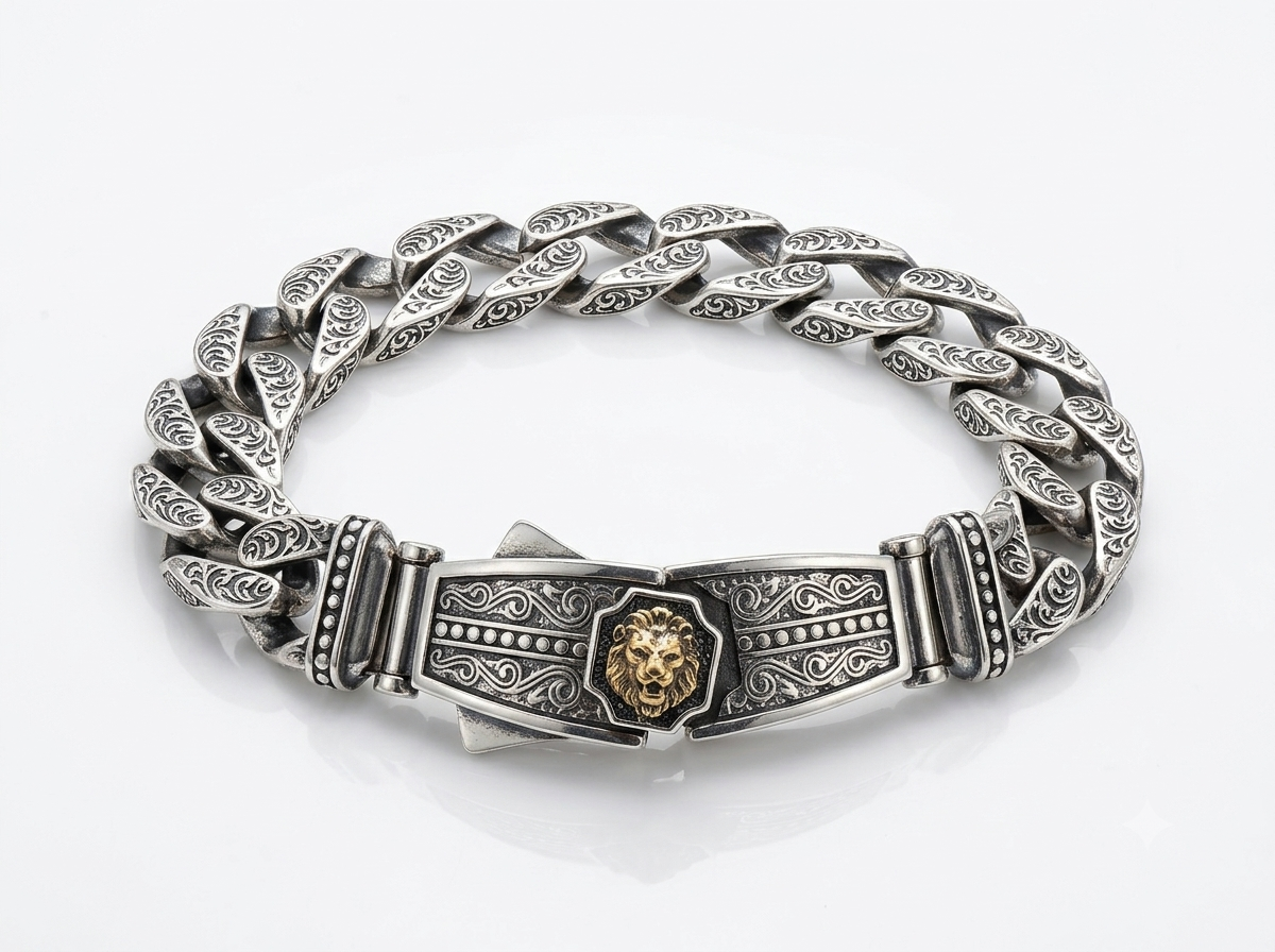 Silver Carved Curb Two-Tone LionBracelet
