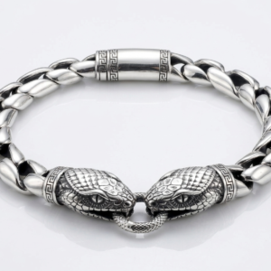 Silver Double Snake Head Twin Serpent Bracelet