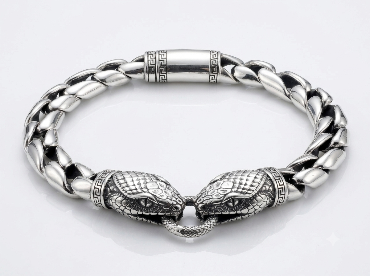 Silver Double Snake Head Twin Serpent Bracelet