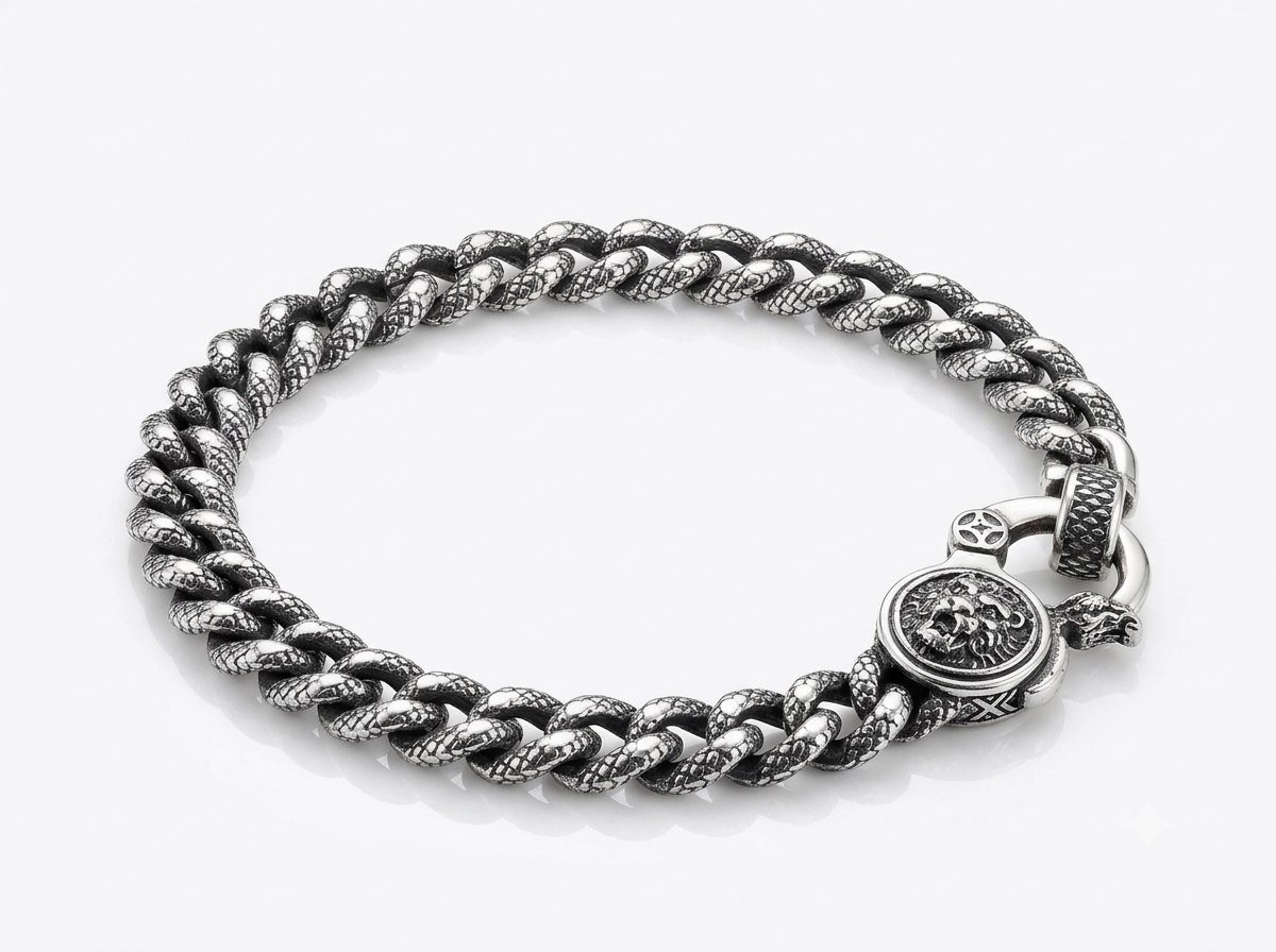 Silver Serpent Scale Roaring Lion Bracelet