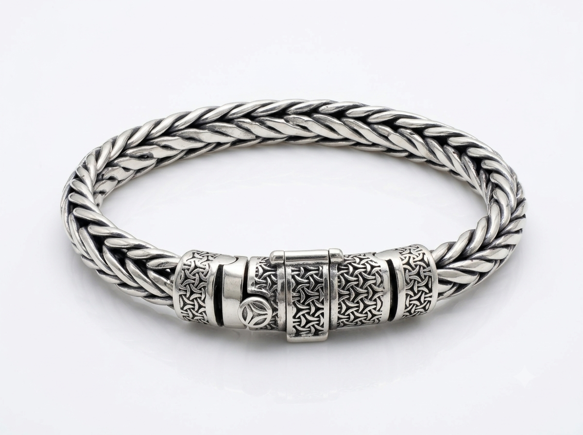 Silver Woven Wheat Chain Carved Bracelet