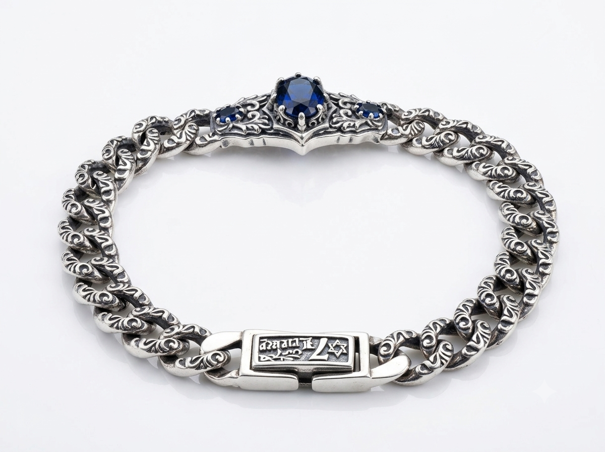 Silver Sapphire Blue Zircon Curb Bracelet