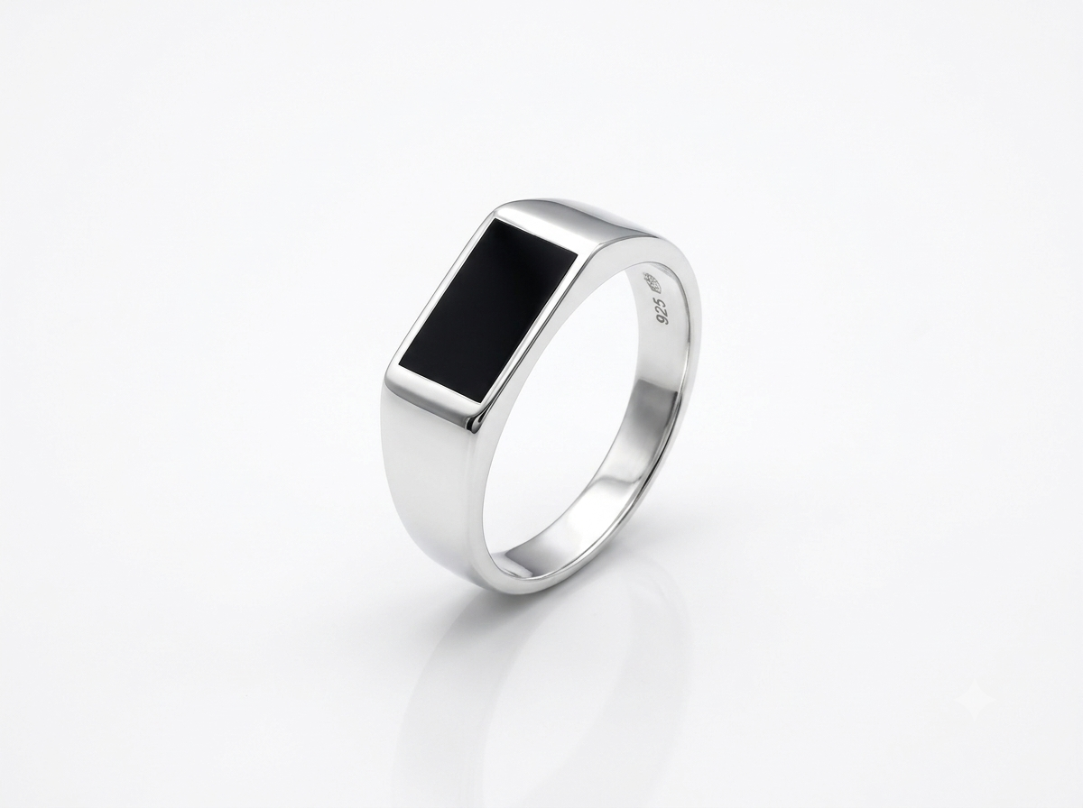 Silver Black Onyx Signet Enamel Ring