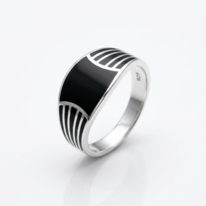 Silver Black Fluted Radial Enamel Ring
