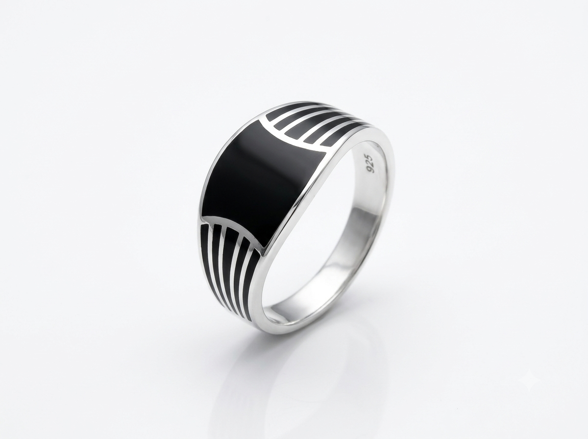 Silver Black Fluted Radial Enamel Ring