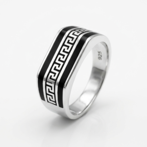 Silver Greek Key Black Enamel Ring