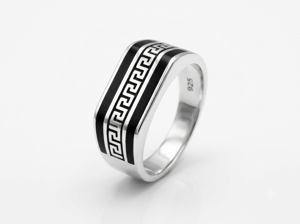 Silver Greek Key Black Enamel Ring