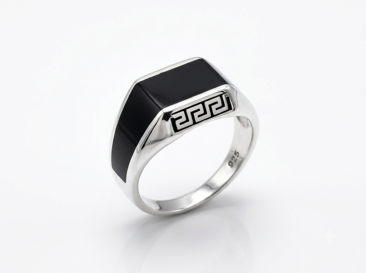Silver Black Onyx Signet Enamel Ring