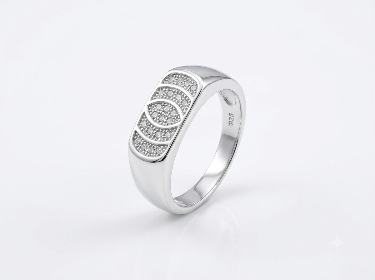 Silver Geometric Pavé Signet CZ Ring