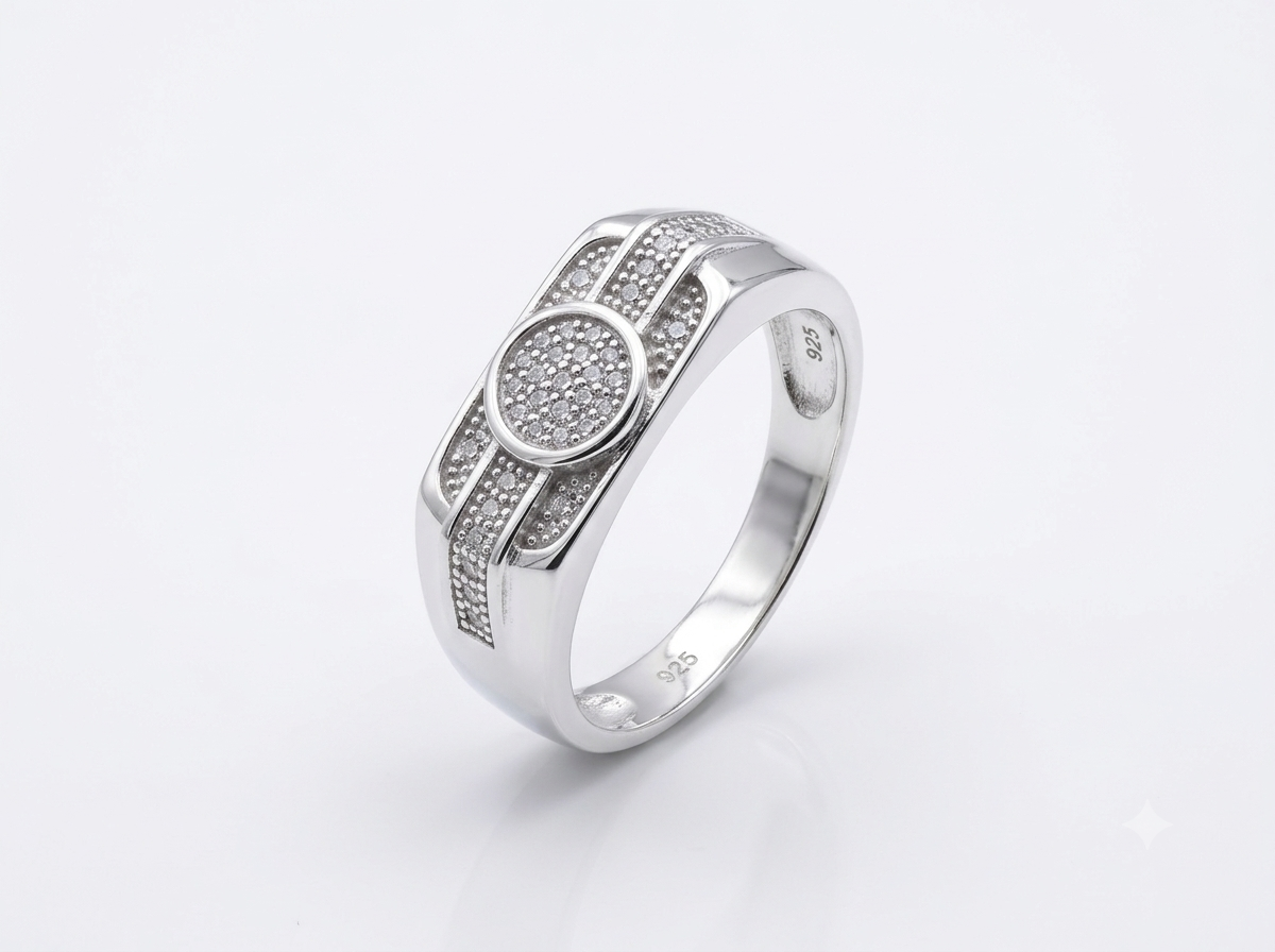 Silver Geometric Pavé Disc CZ Ring