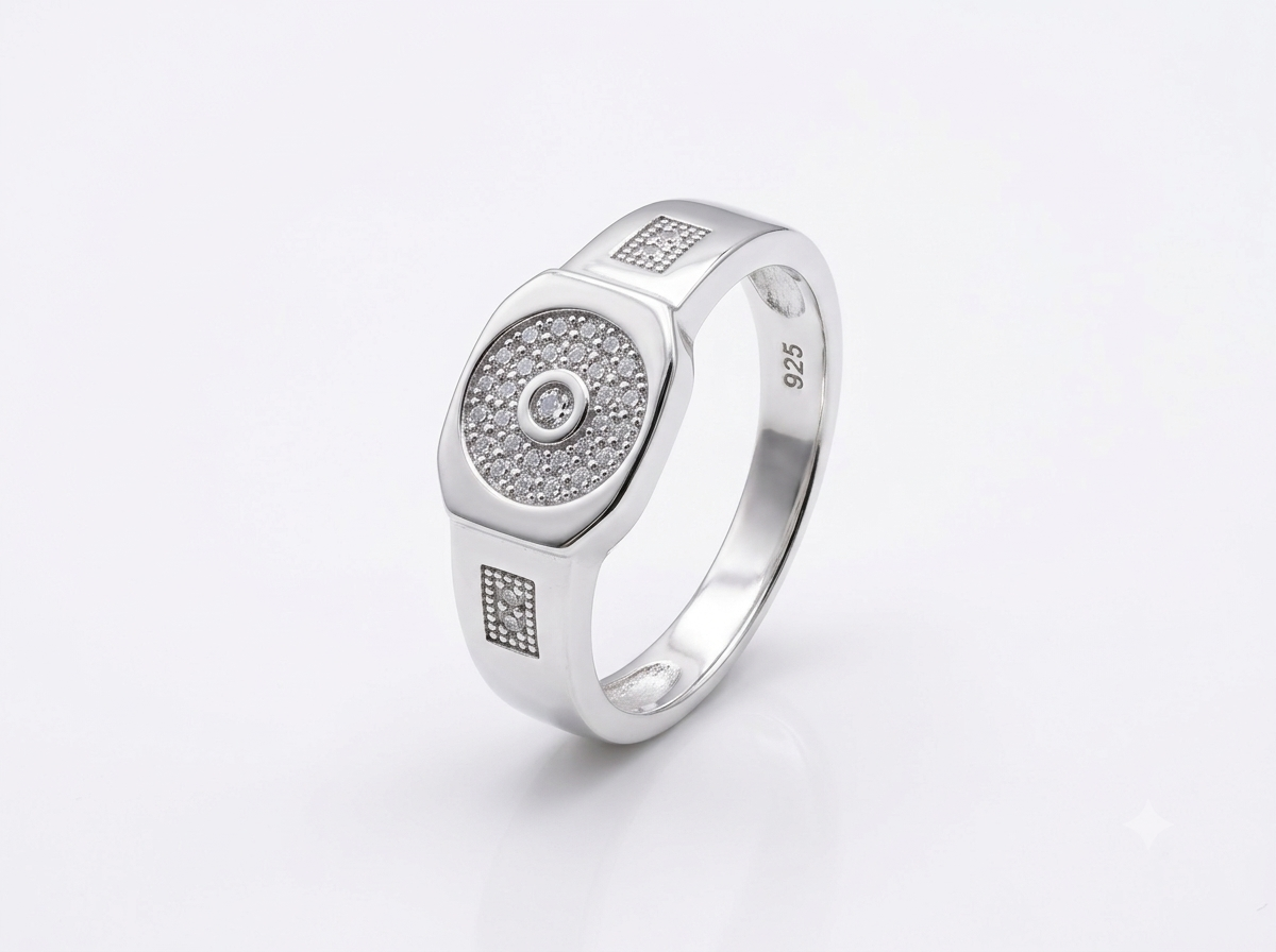 Silver Cushion Signet CZ Cluster Ring