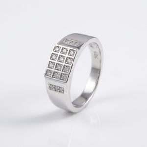 Silver Grid Signet Geometric Pavé CZ Ring