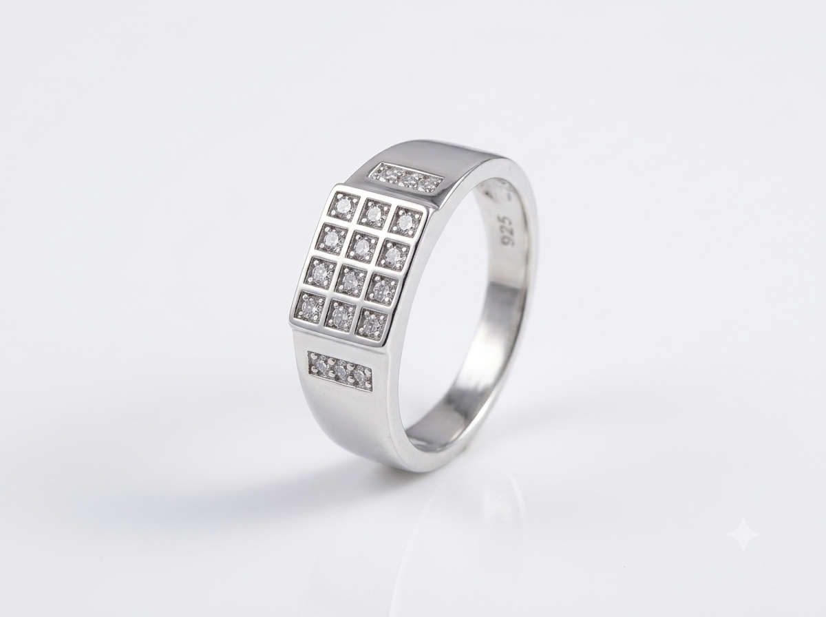 Silver Grid Signet Geometric Pavé CZ Ring