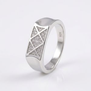 Silver Geometric Diamond Signet CZ Ring
