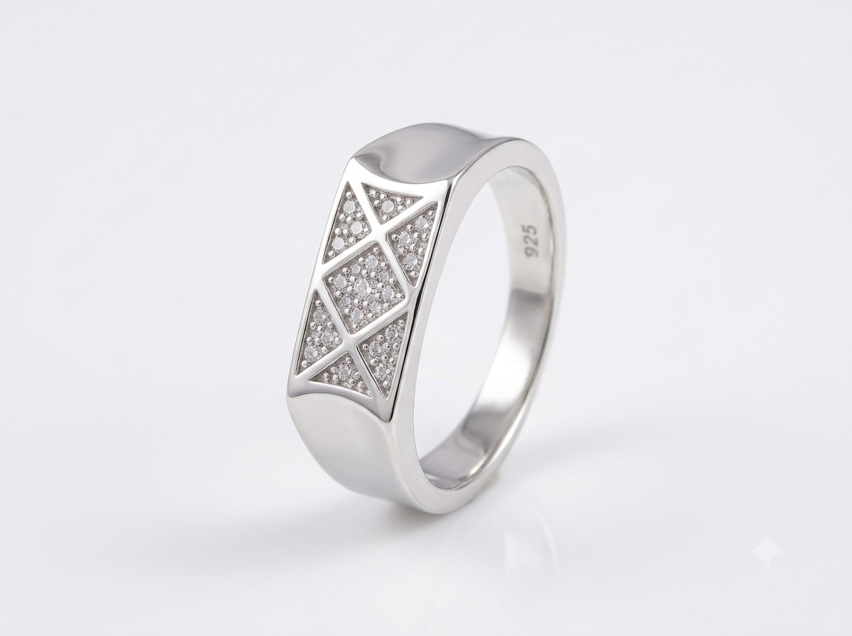 Silver Geometric Diamond Signet CZ Ring