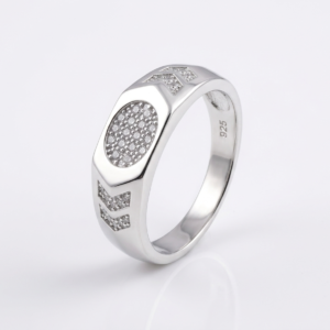 Silver Hexagonal Chevron Signet CZ  Ring