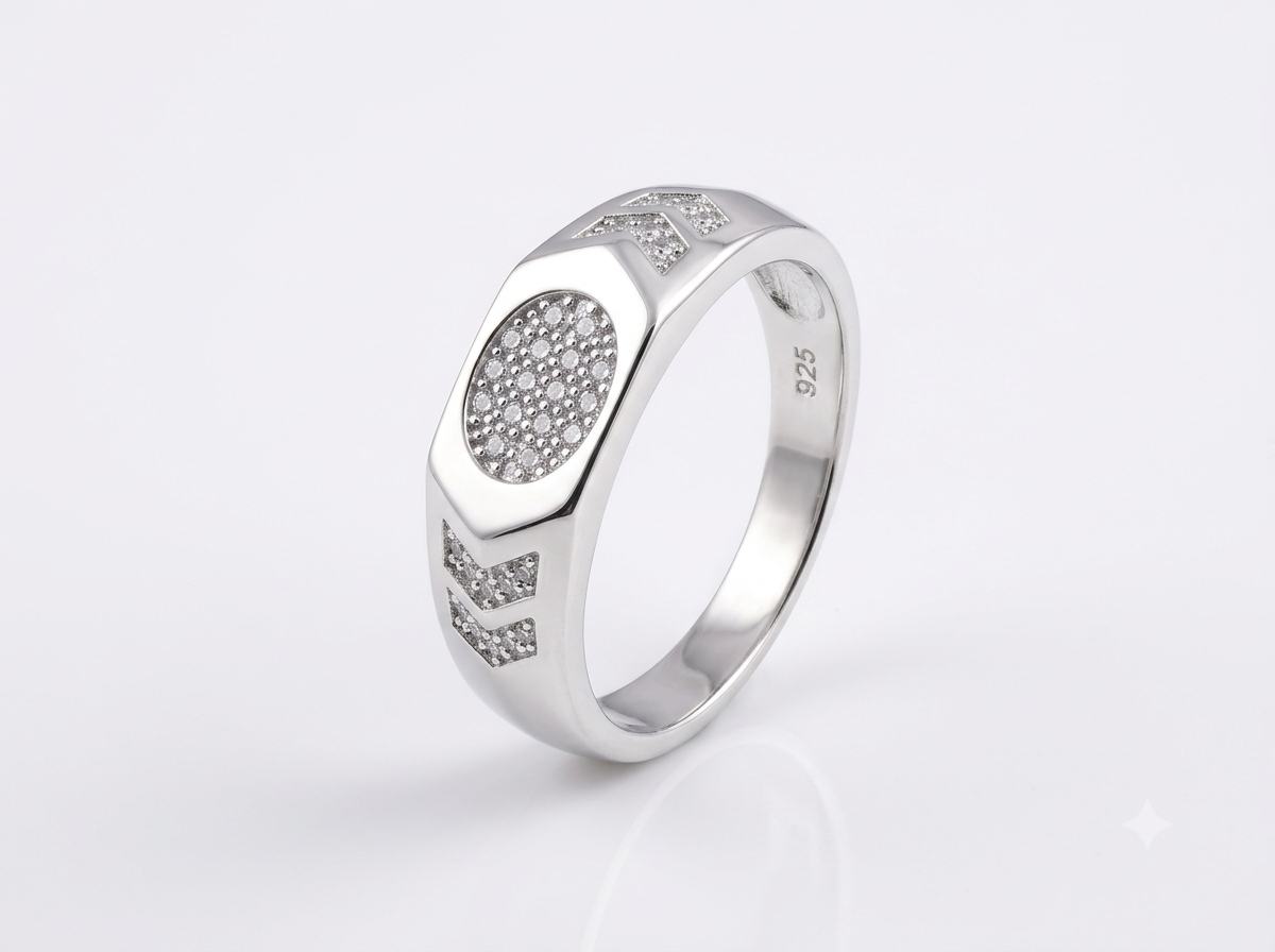 Silver Hexagonal Chevron Signet CZ Ring