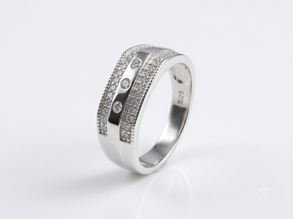 Silver Three-Stone CZ Milgrain Ring