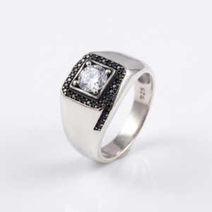 Silver Cushion Signet Solitaire Black Ring