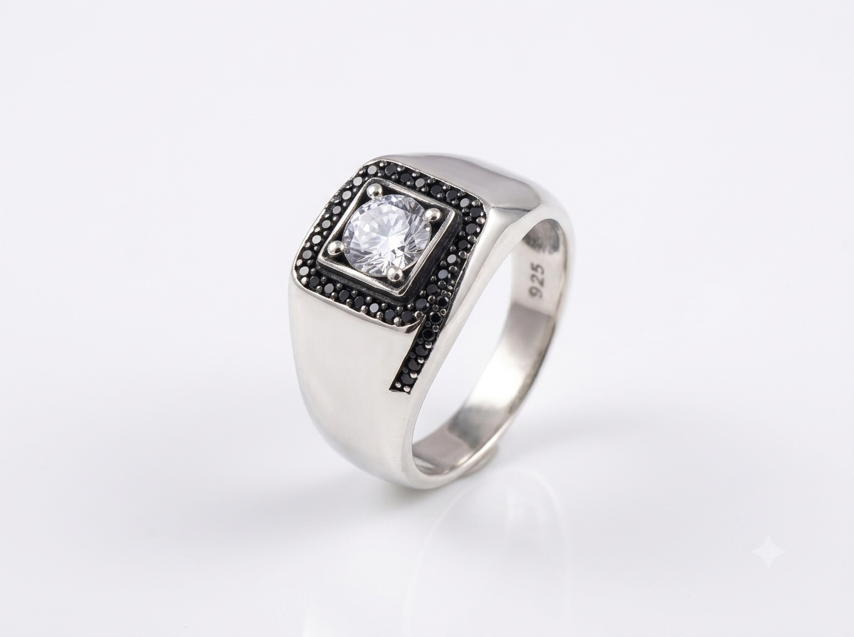 Silver Cushion Signet Solitaire Black Ring