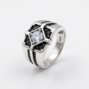 Silver Starburst Solitaire Black Ring