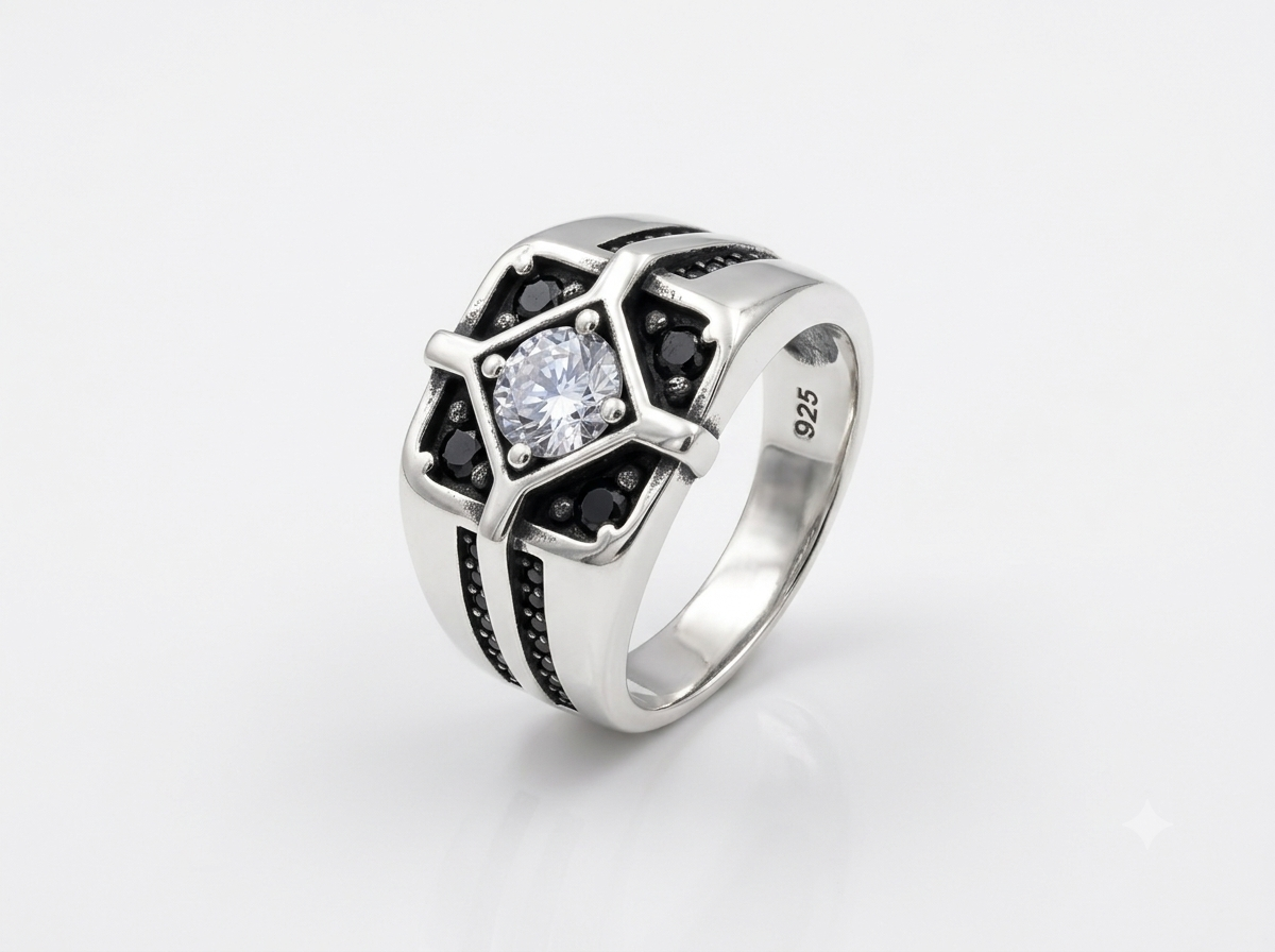 Silver Starburst Solitaire Black Ring