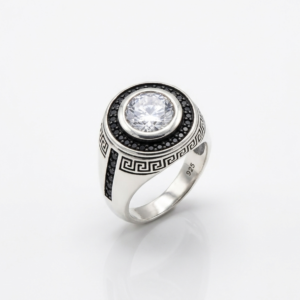 Silver Round Signet Solitaire Greek Ring