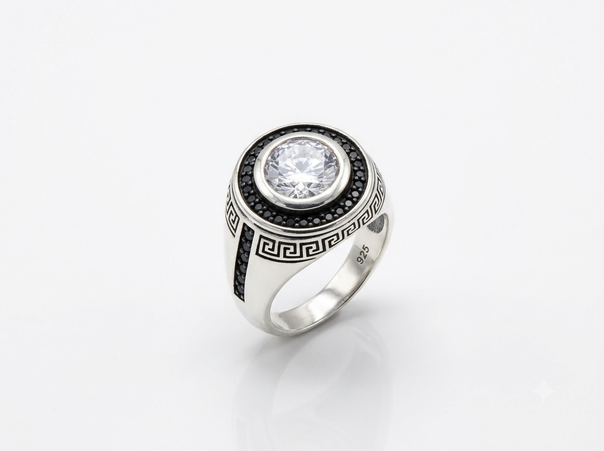 Silver Round Signet Solitaire Greek Ring