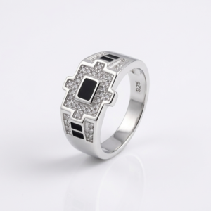Silver Stepped Cross Onyx Enamel Ring
