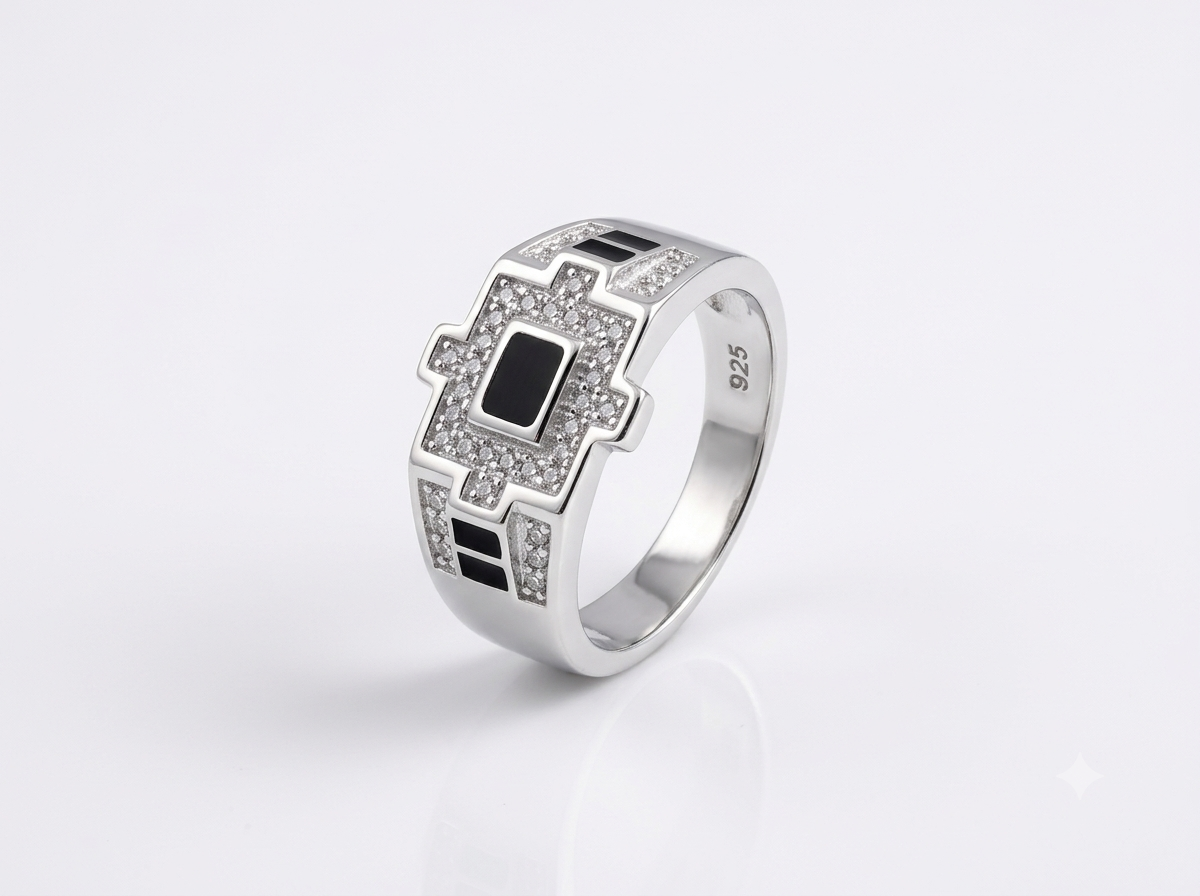 Silver Stepped Cross Onyx Enamel Ring