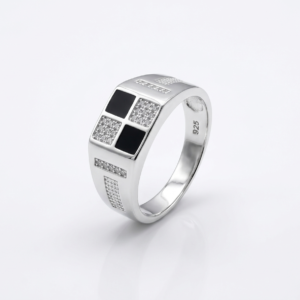 Silver Checkerboard Signet Enamel Ring
