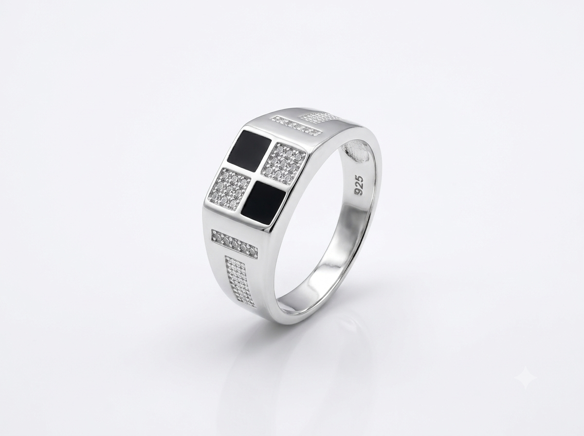 Silver Checkerboard Signet Enamel Ring