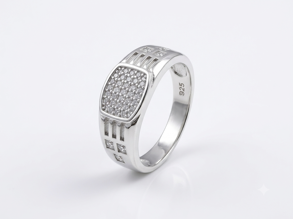 Silver Cushion Signet CZ Geometric Ring