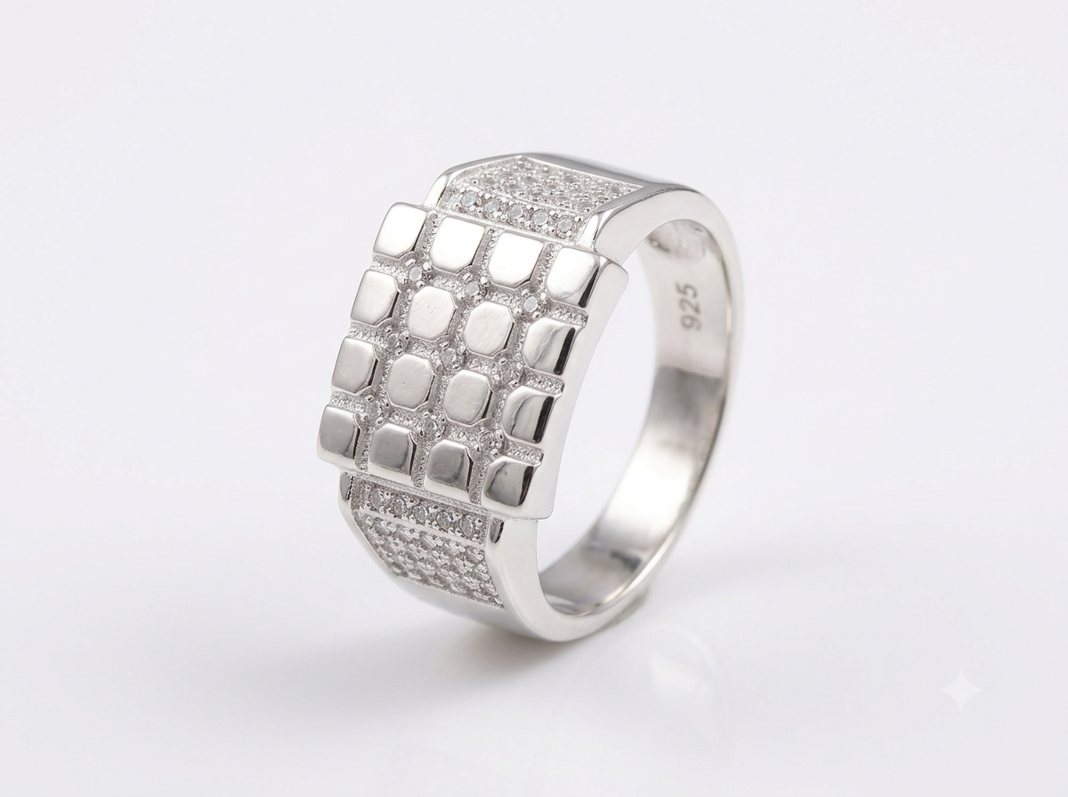 Silver Waffle Geometric Pillow Grid CZ Ring