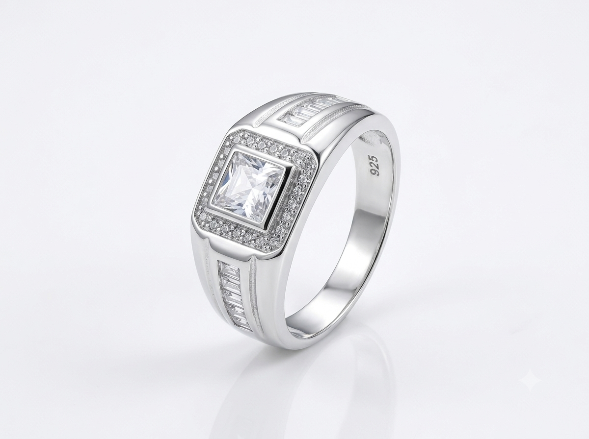 Silver Princess-Cut Baguette CZ Ring