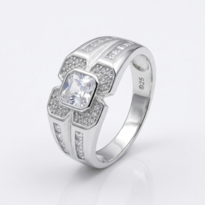 Silver Stepped Solitaire Signet CZ Ring