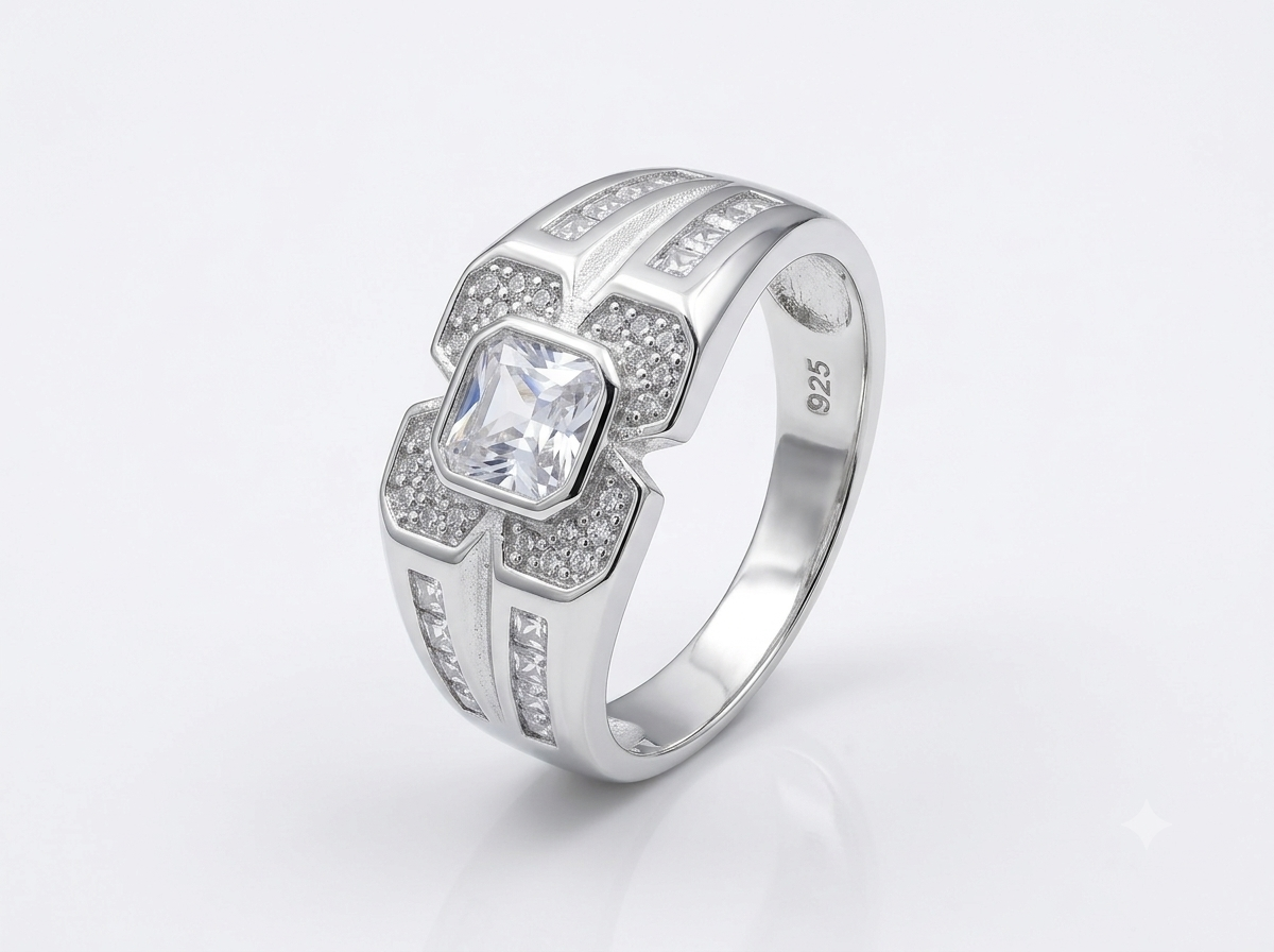 Silver Stepped Solitaire Signet CZ Ring